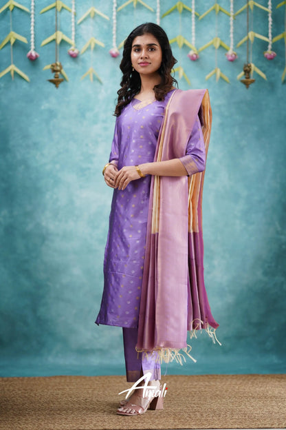 Sanvi - Lavender And Cream Blended Silk Salwar Salwar