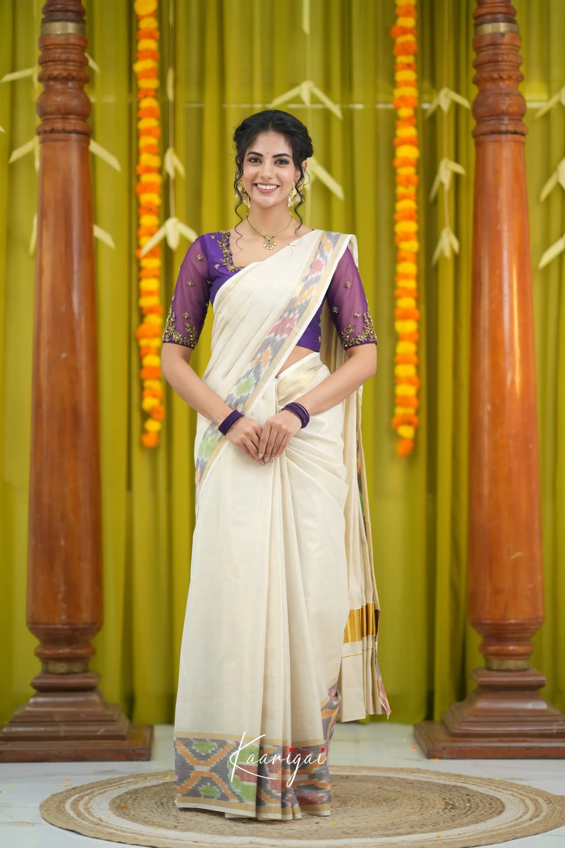 Omana Cotton Saree - Offwhite and Purple Sarees