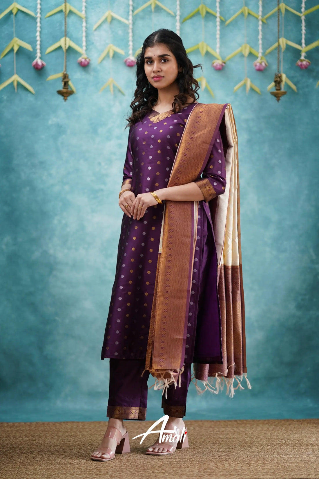 Omana -Violet And Cream Blended Silk Salwar Salwar