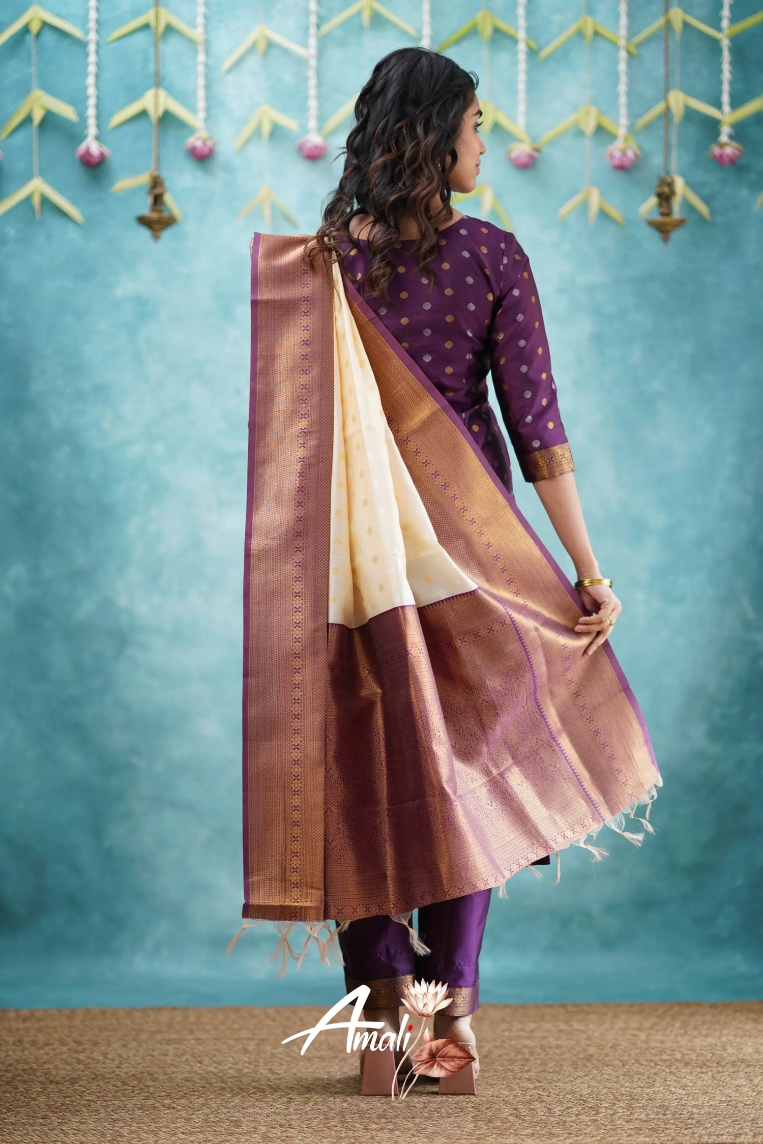 Omana -Violet And Cream Blended Silk Salwar Salwar