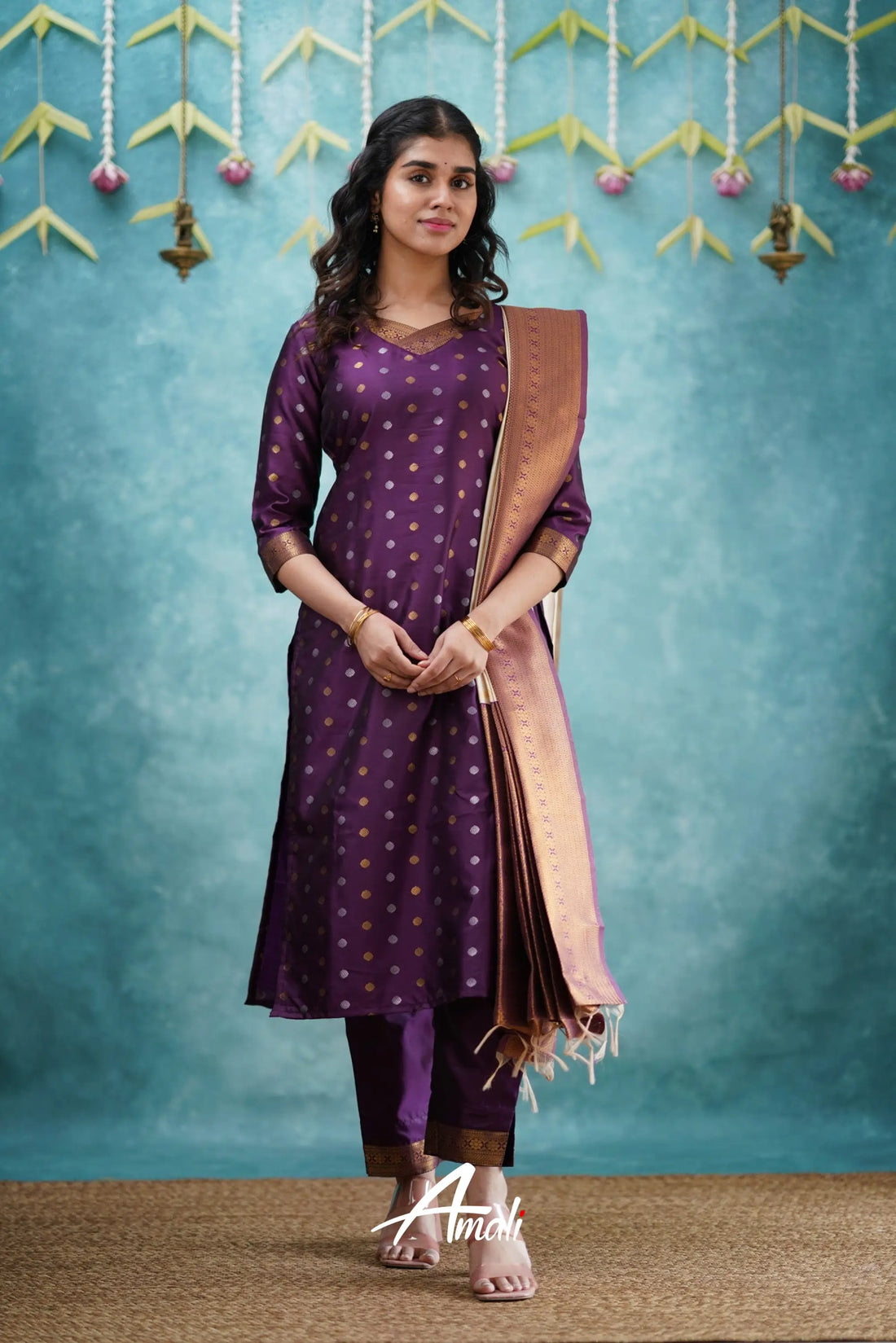 Omana -Violet And Cream Blended Silk Salwar Salwar