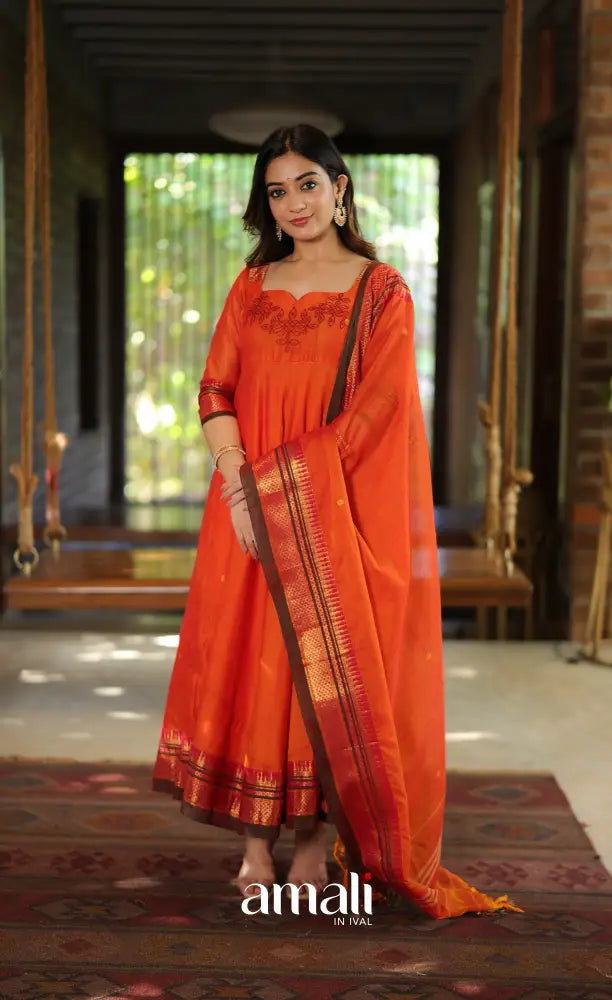 Orange and Brown Narayanpet Cotton Anarkali - Anarkalis