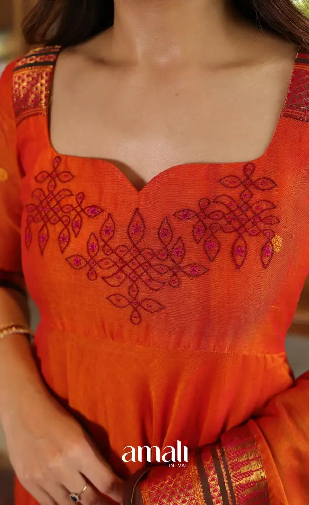 Orange and Brown Narayanpet Cotton Anarkali - Anarkalis