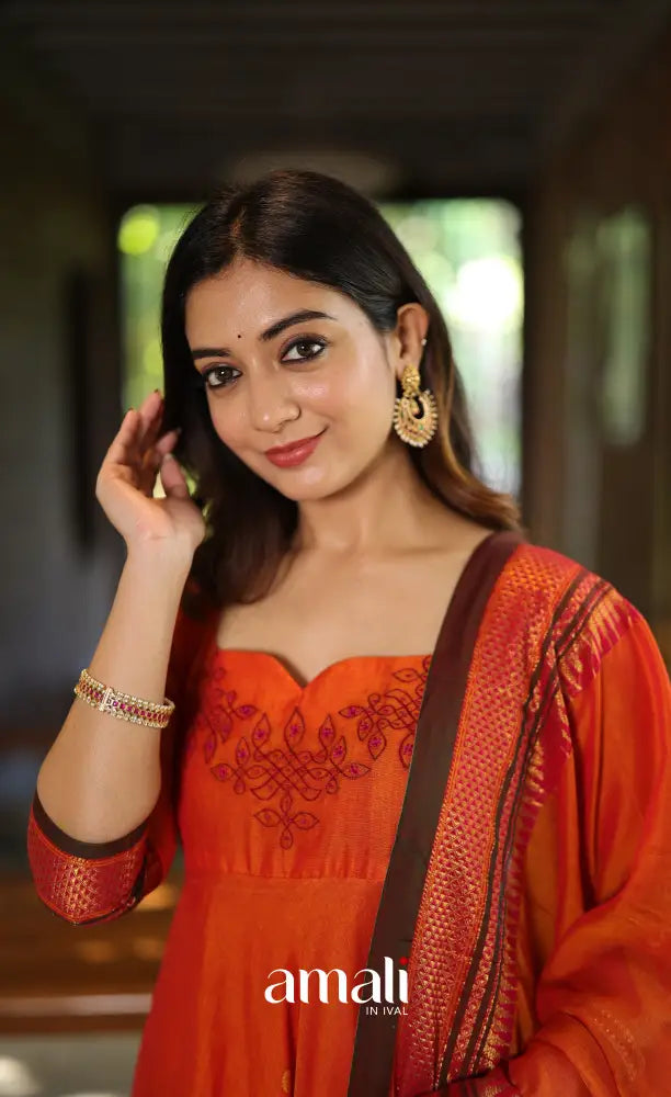 Orange and Brown Narayanpet Cotton Anarkali - Anarkalis