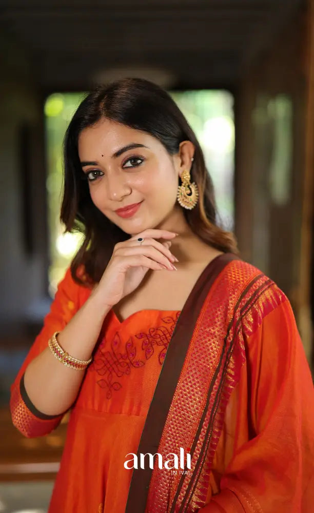 Orange and Brown Narayanpet Cotton Anarkali - Anarkalis