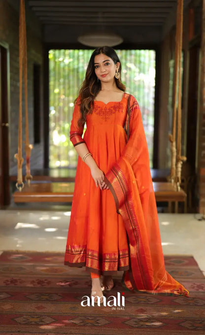 Orange and Brown Narayanpet Cotton Anarkali - Anarkalis