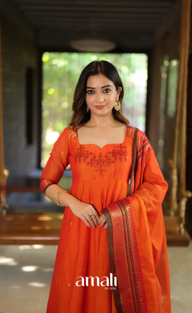 Orange and Brown Narayanpet Cotton Anarkali - Anarkalis