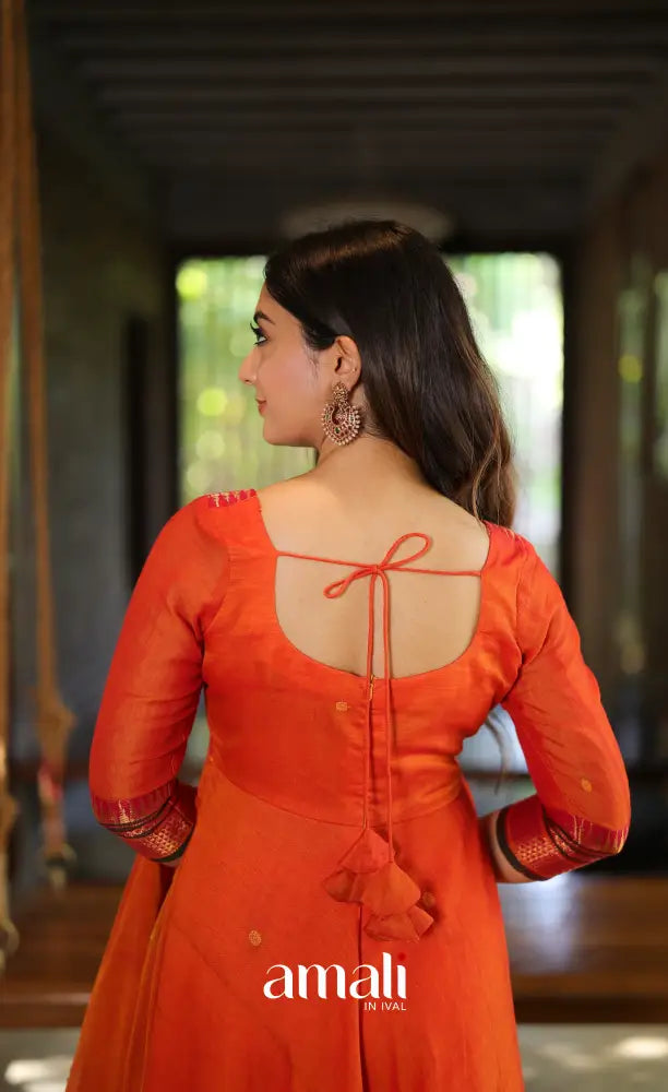 Orange and Brown Narayanpet Cotton Anarkali - Anarkalis