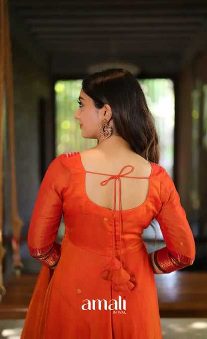 Orange and Brown Narayanpet Cotton Anarkali - Anarkalis