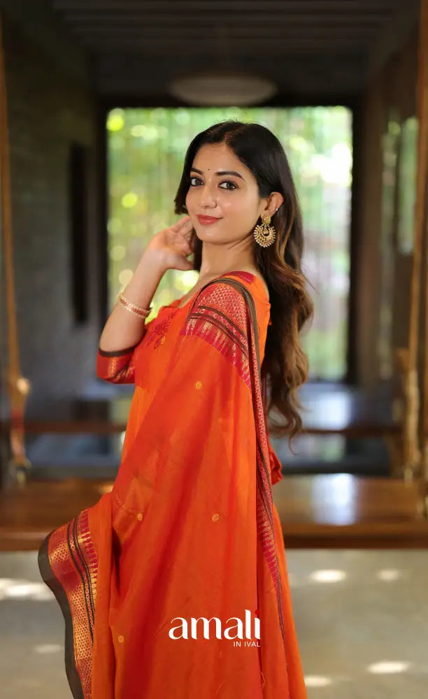 Orange and Brown Narayanpet Cotton Anarkali - Anarkalis