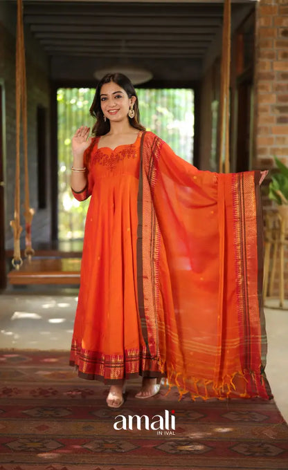 Orange and Brown Narayanpet Cotton Anarkali - Anarkalis