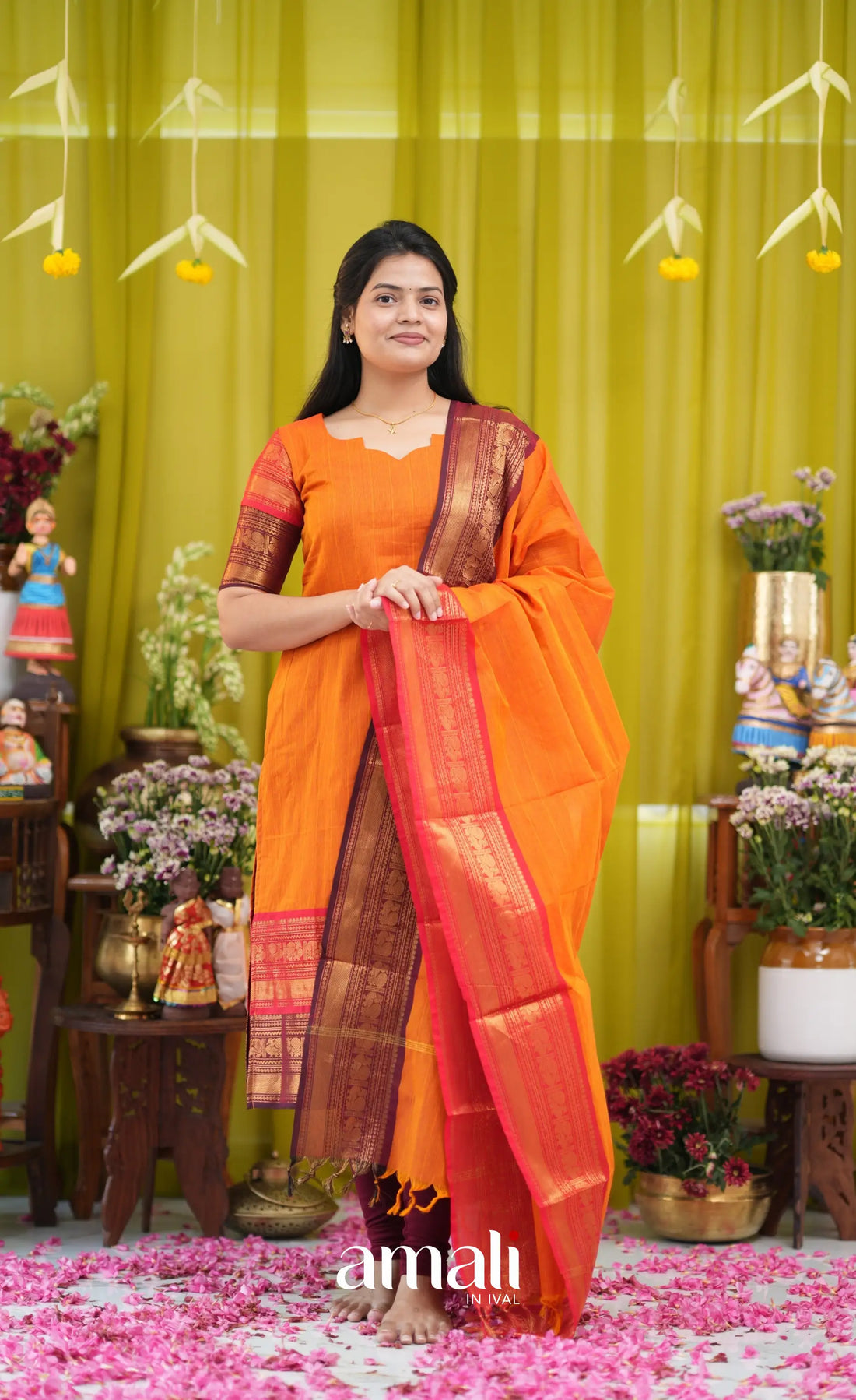 Orange and Coffee Brown Chettinad Cotton Salwar Set - salwar