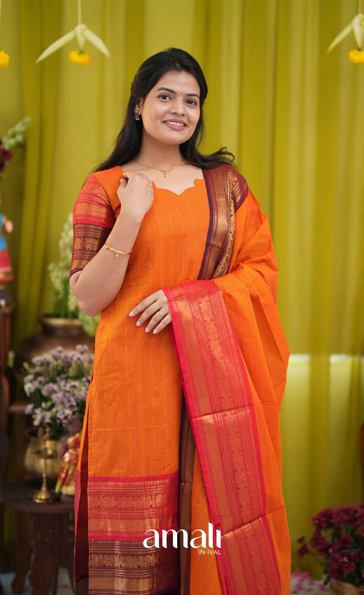 Orange and Coffee Brown Chettinad Cotton Salwar Set - salwar