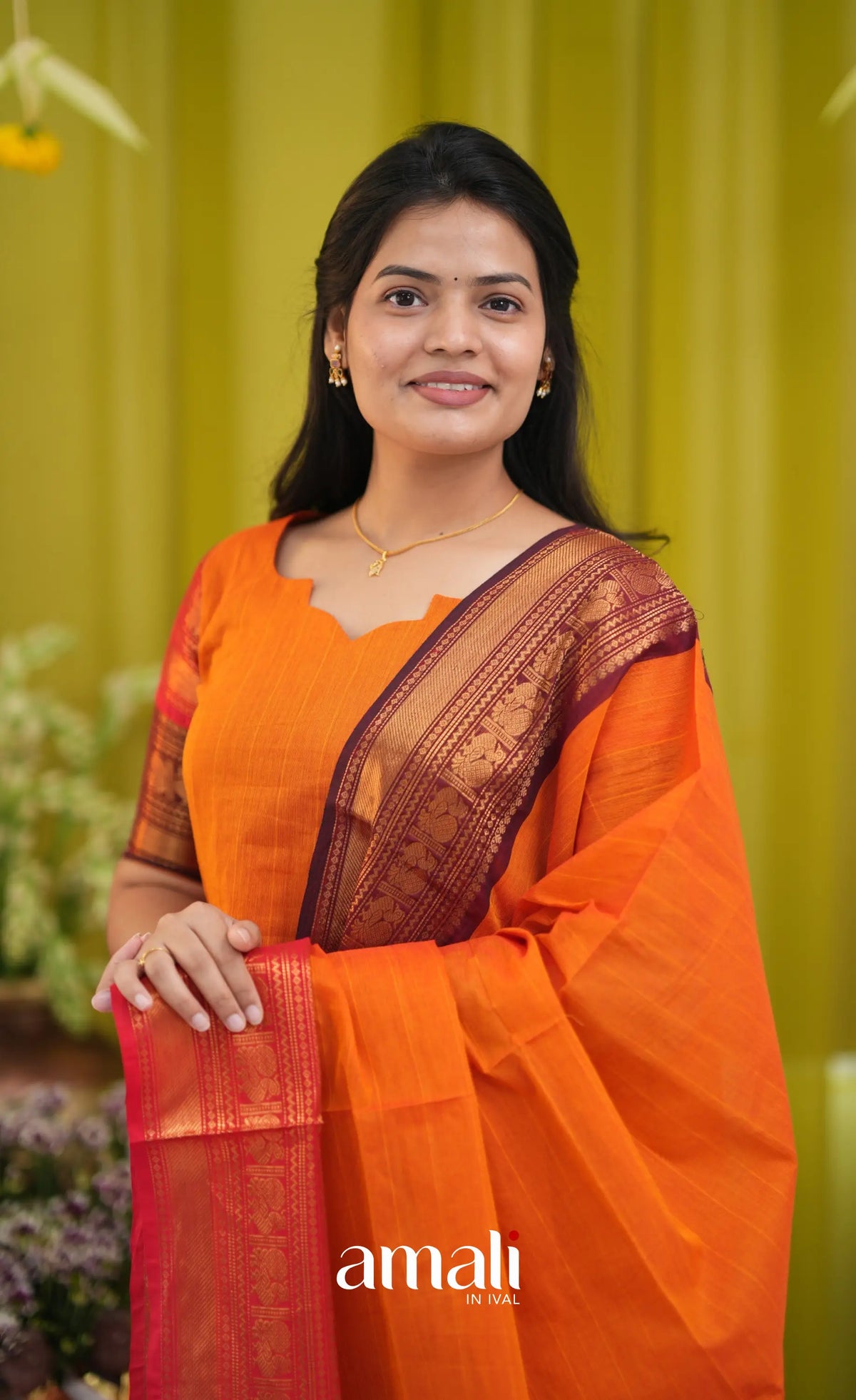 Orange and Coffee Brown Chettinad Cotton Salwar Set - salwar