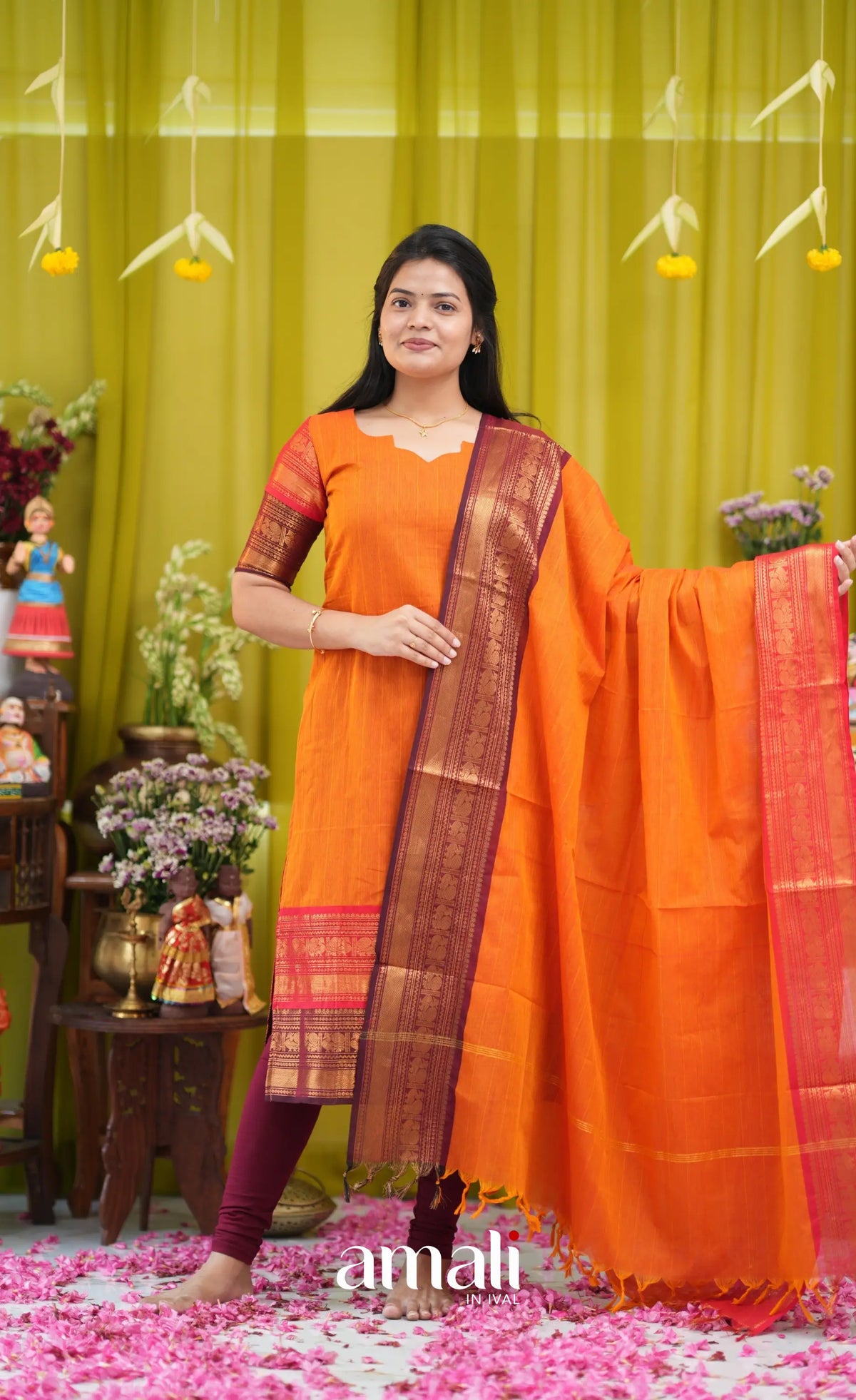 Orange and Coffee Brown Chettinad Cotton Salwar Set - salwar
