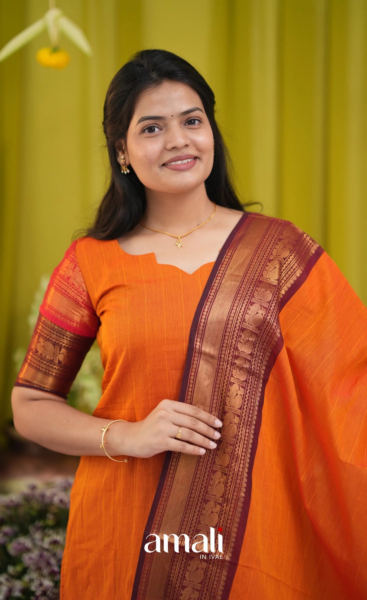 Orange and Coffee Brown Chettinad Cotton Salwar Set - salwar