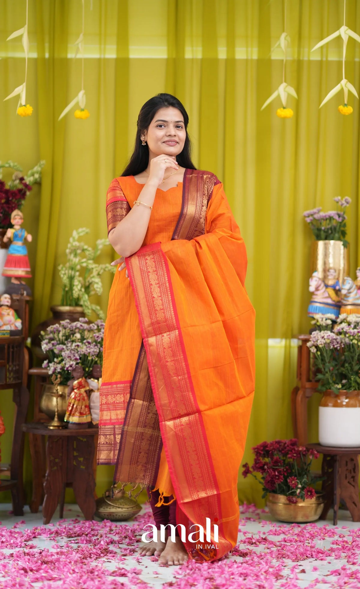 Orange and Coffee Brown Chettinad Cotton Salwar Set - salwar