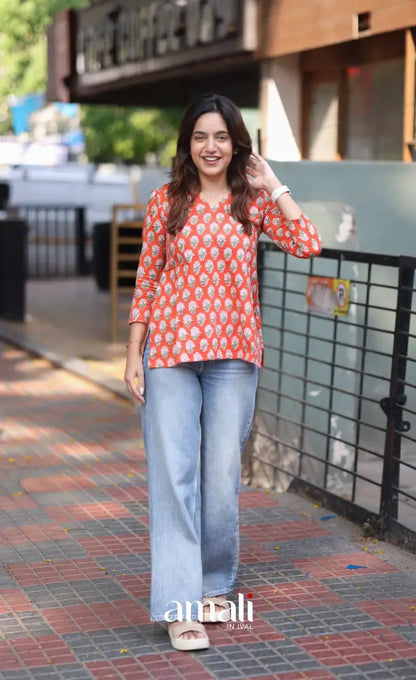 Orange Jaipur Hand Block-Printed Short Top - salwar