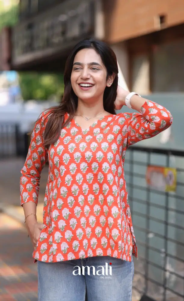 Orange Jaipur Hand Block-Printed Short Top - salwar