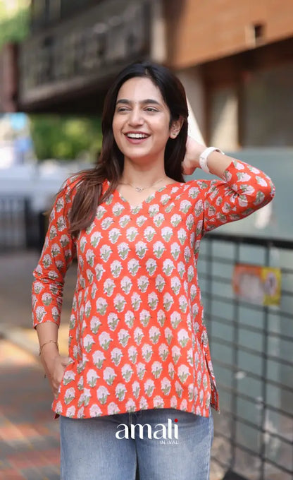 Orange Jaipur Hand Block-Printed Short Top - salwar