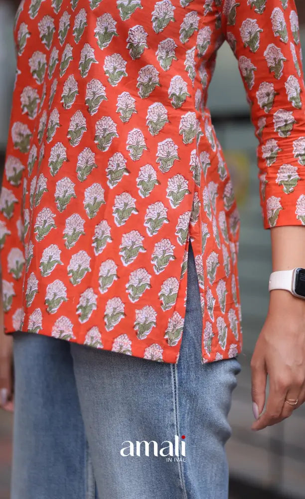 Orange Jaipur Hand Block-Printed Short Top - salwar