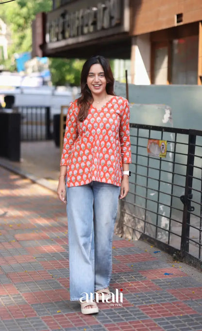 Orange Jaipur Hand Block-Printed Short Top - salwar