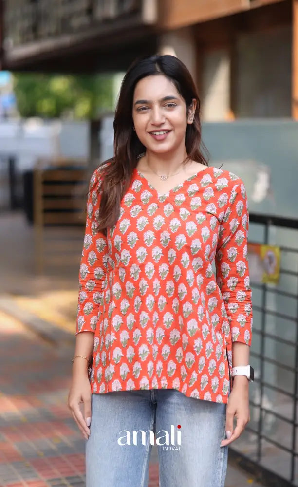 Orange Jaipur Hand Block-Printed Short Top - salwar