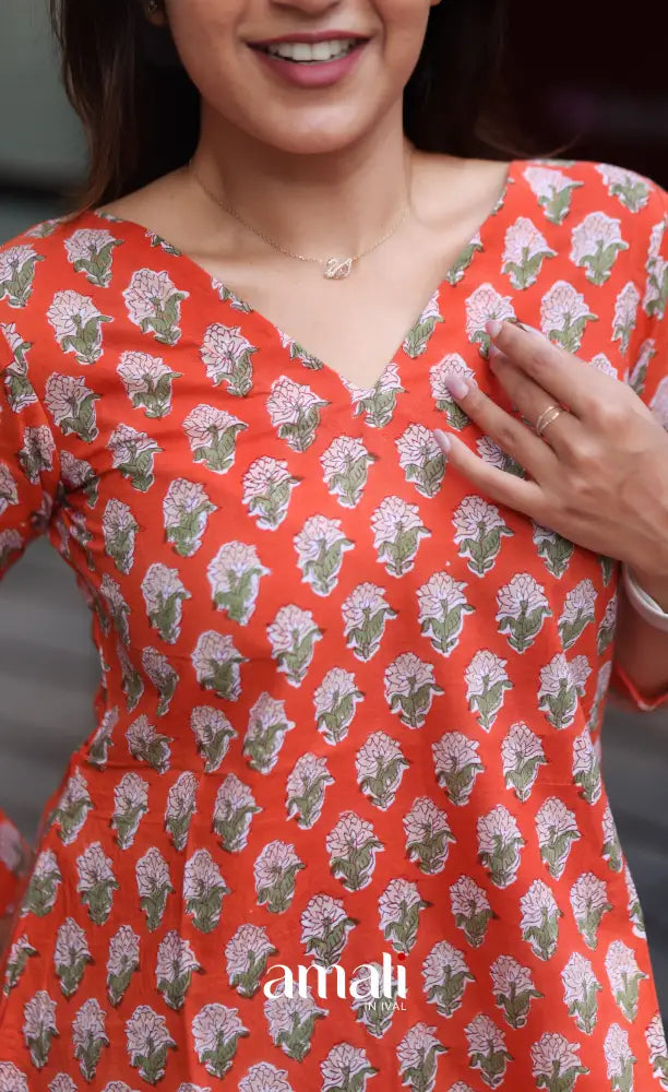 Orange Jaipur Hand Block-Printed Short Top - salwar