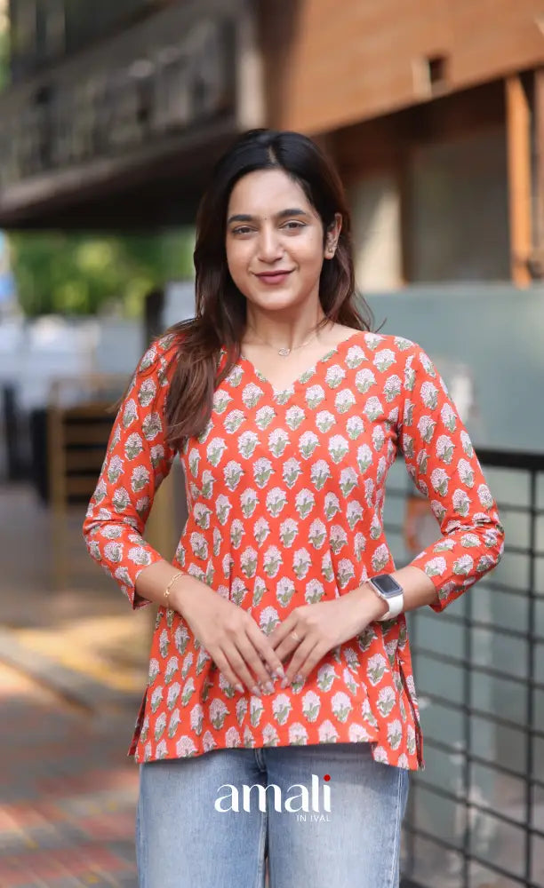 Orange Jaipur Hand Block-Printed Short Top - salwar