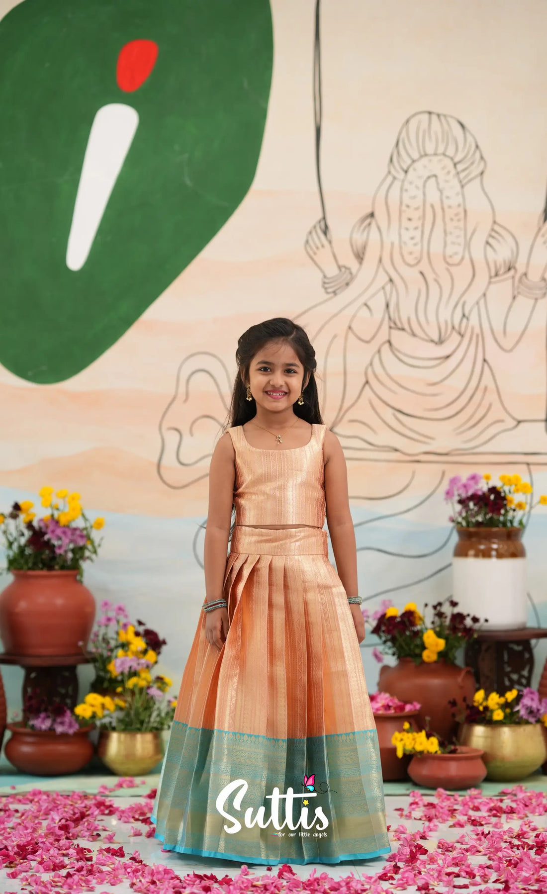 Organza Crop Top and Skirt - Peach and Light blue - Kids-Suttis