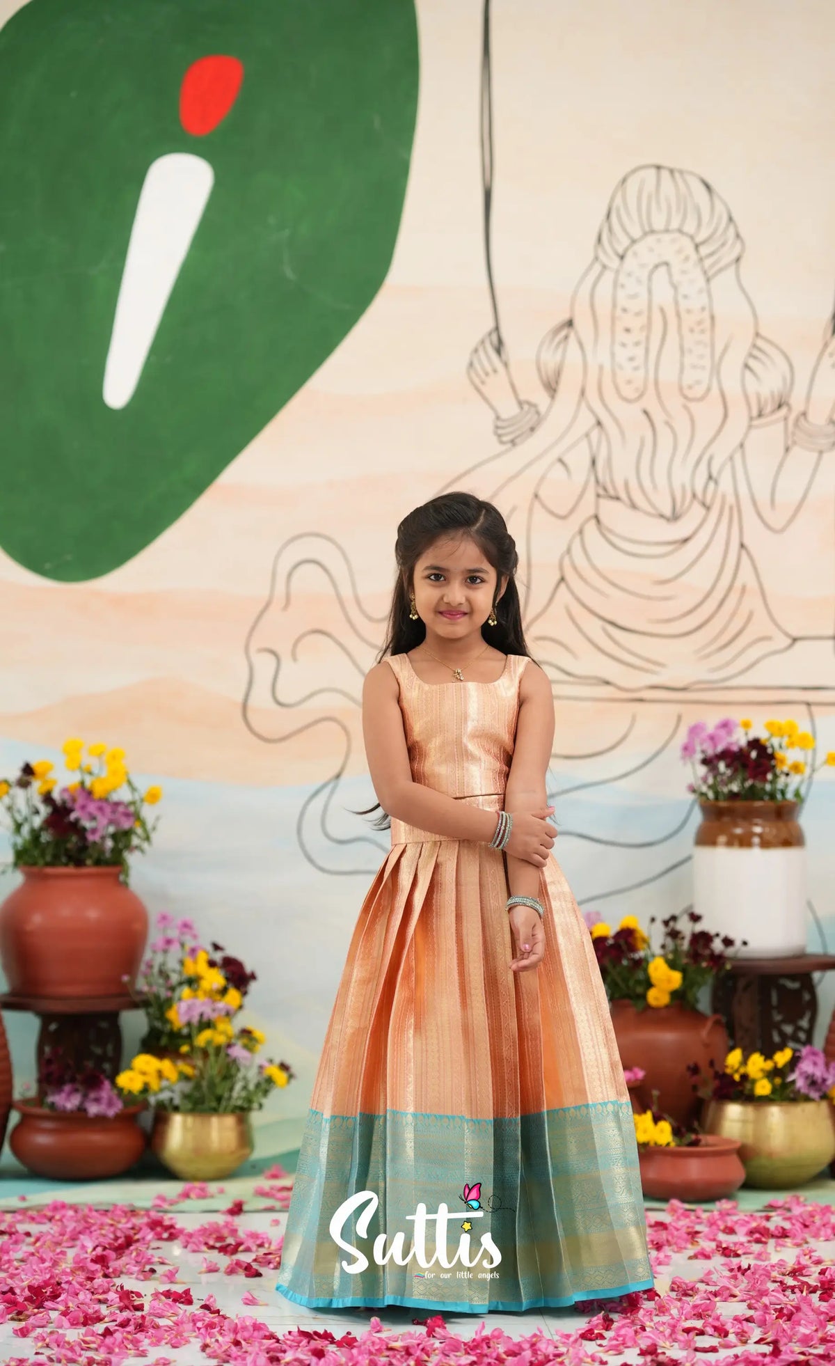 Organza Crop Top and Skirt - Peach and Light blue - Kids-Suttis