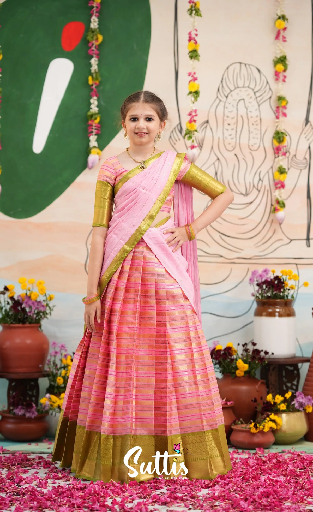 Organza Halfsaree - Baby Pink and Light Green - Kids-Suttis