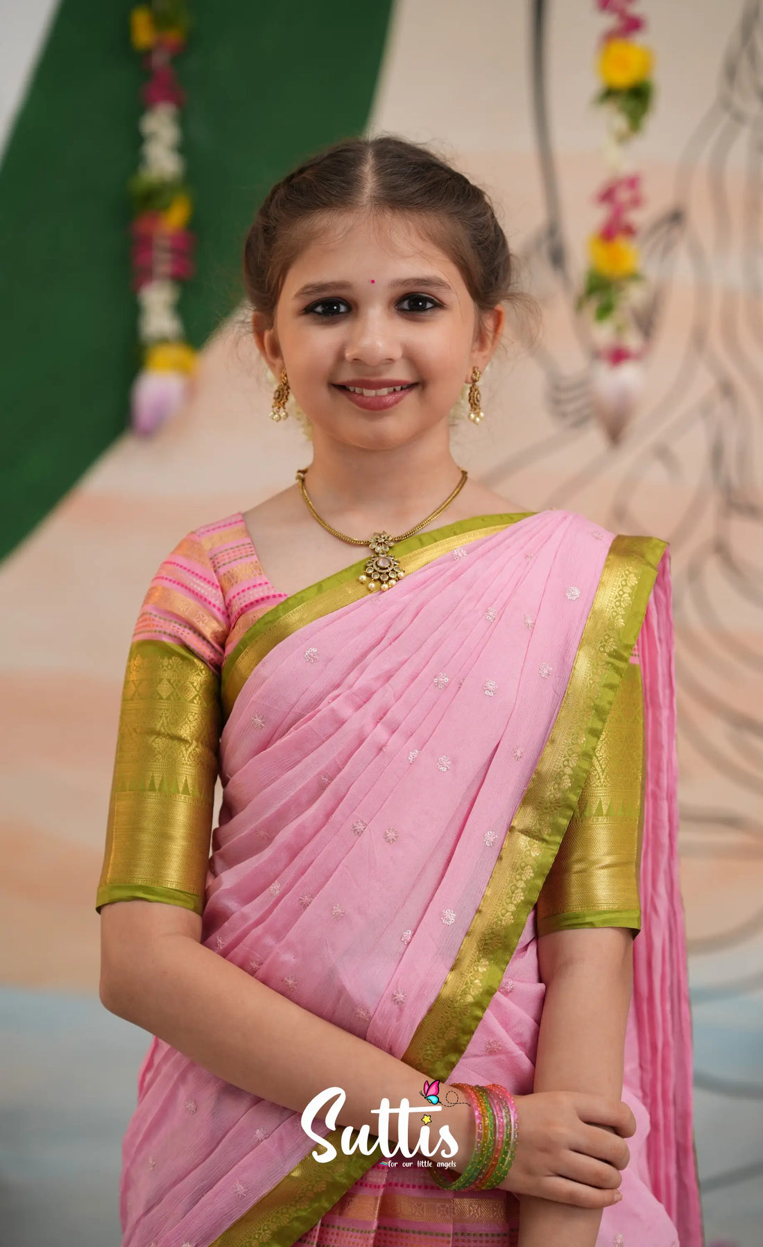 Organza Halfsaree - Baby Pink and Light Green - Kids-Suttis