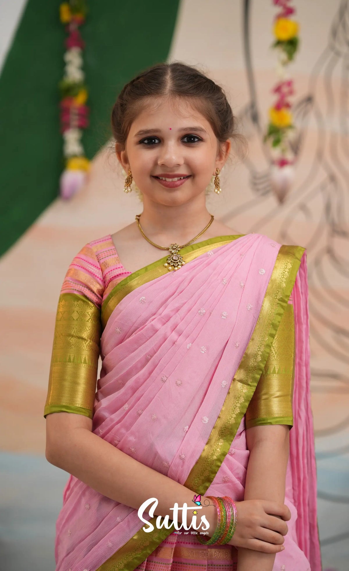 Organza Halfsaree - Baby Pink and Light Green - Kids-Suttis