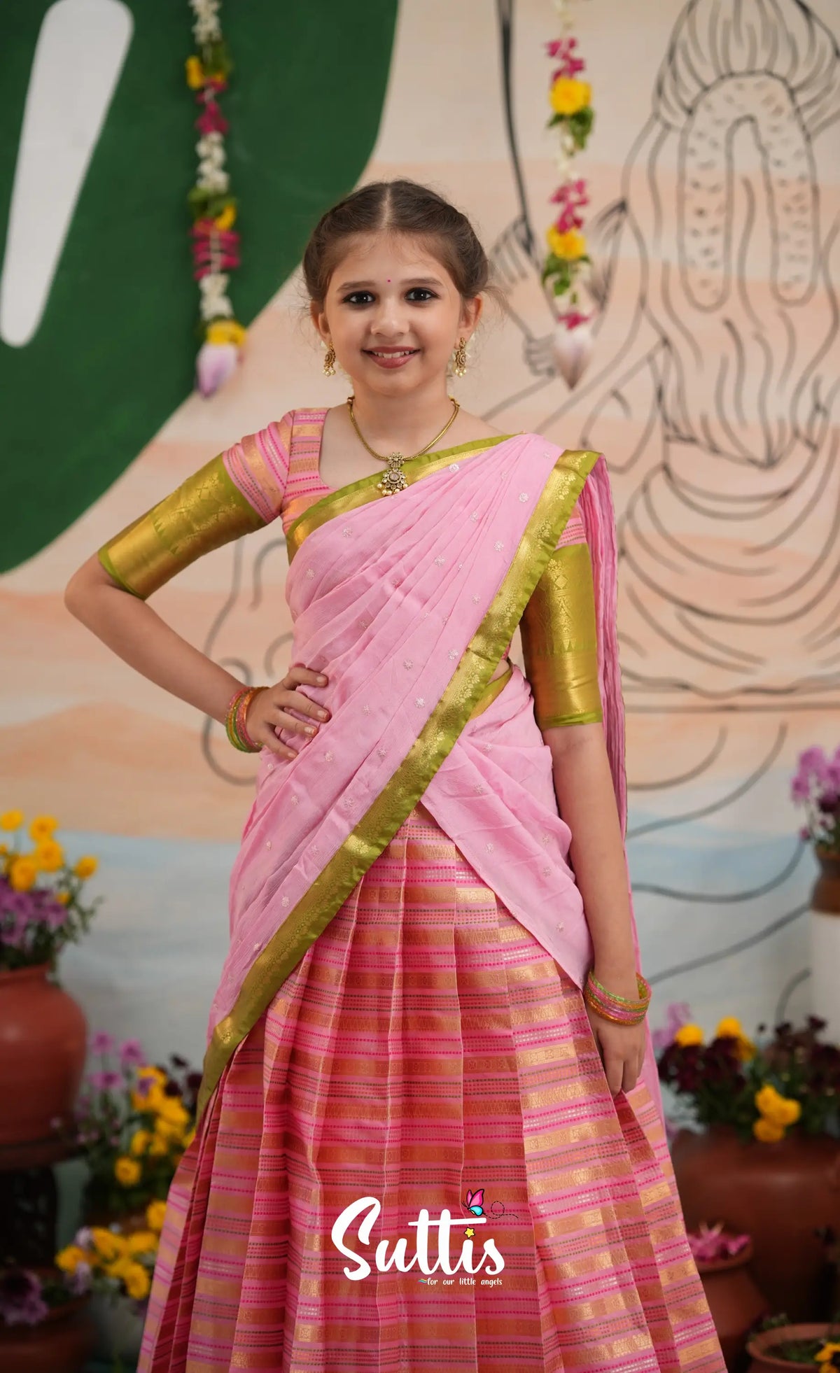 Organza Halfsaree - Baby Pink and Light Green - Kids-Suttis