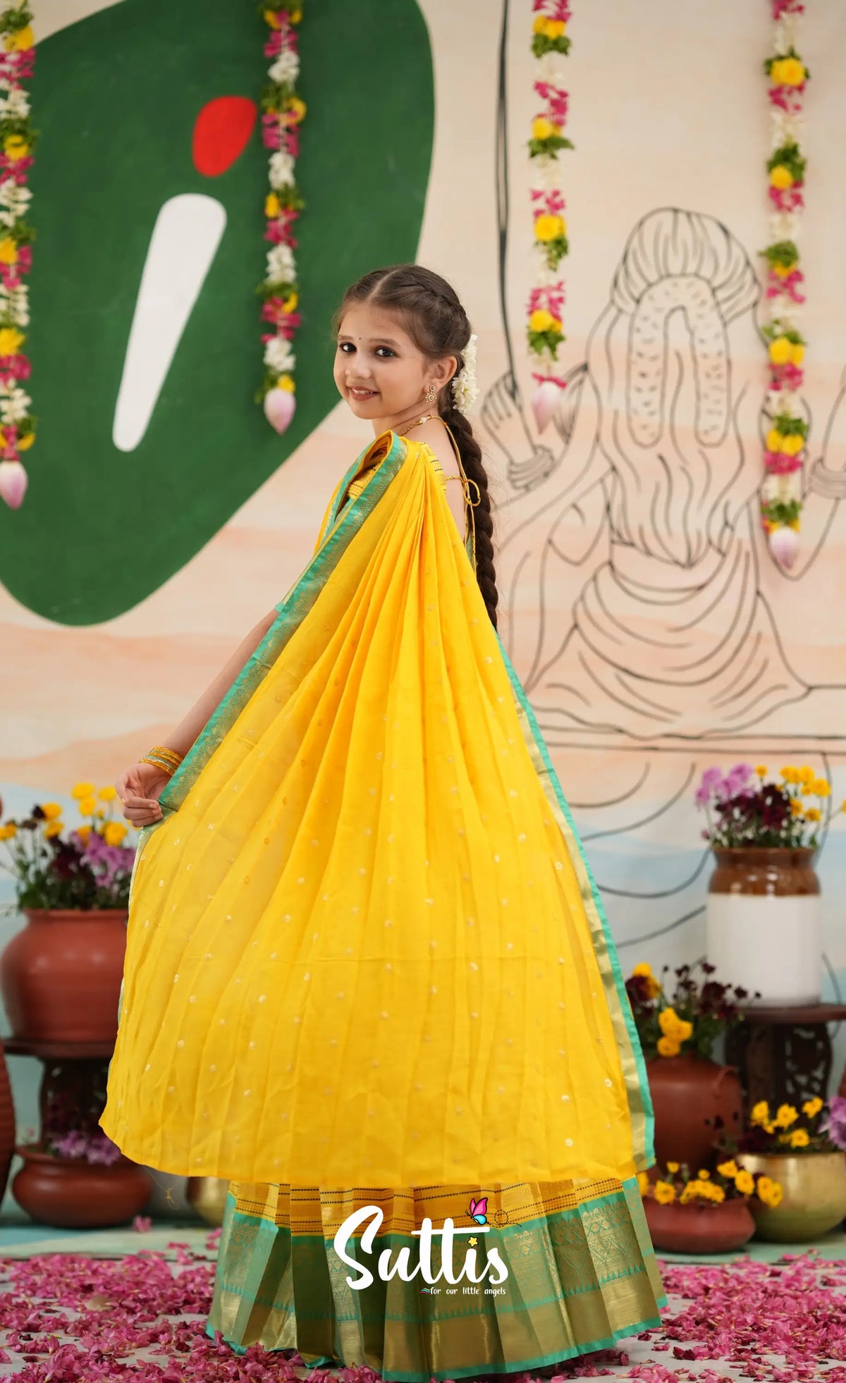 Organza Halfsaree - Bright Yellow and Turquoise Blue - Kids-Suttis