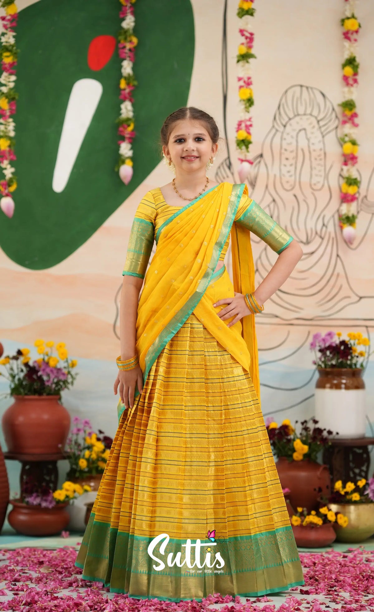 Organza Halfsaree - Bright Yellow and Turquoise Blue - Kids-Suttis
