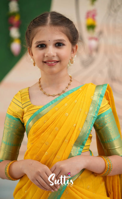 Organza Halfsaree - Bright Yellow and Turquoise Blue - Kids-Suttis