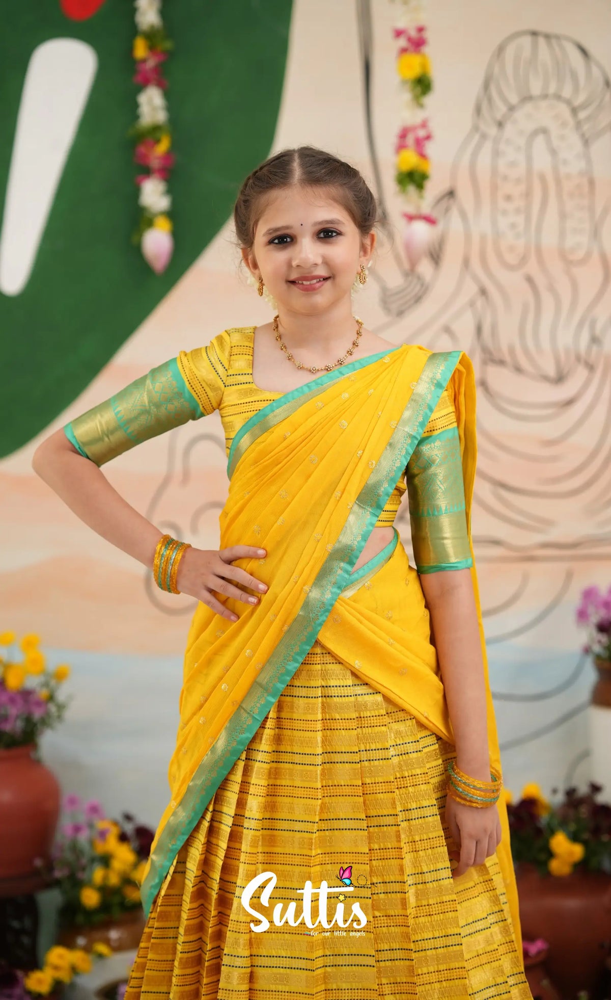 Organza Halfsaree - Bright Yellow and Turquoise Blue - Kids-Suttis