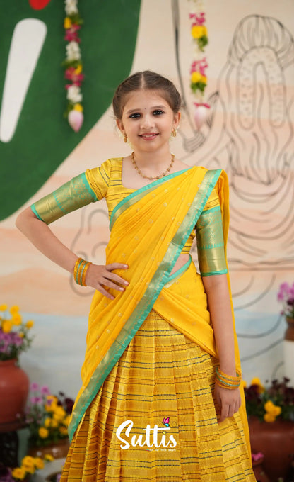 Organza Halfsaree - Bright Yellow and Turquoise Blue - Kids-Suttis