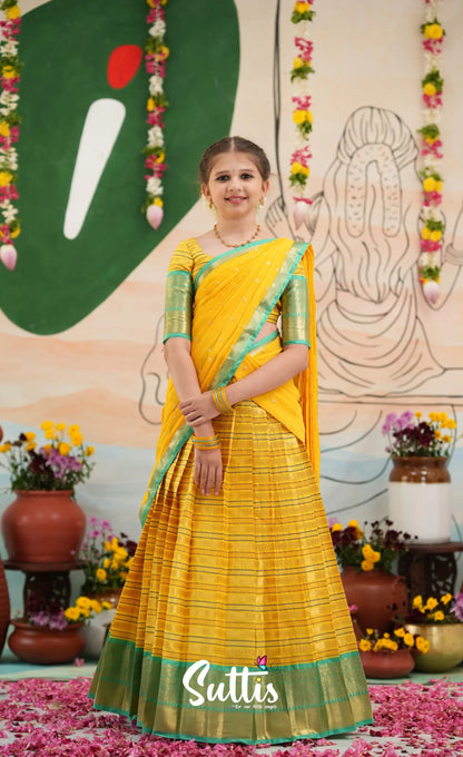 Organza Halfsaree - Bright Yellow and Turquoise Blue - Kids-Suttis
