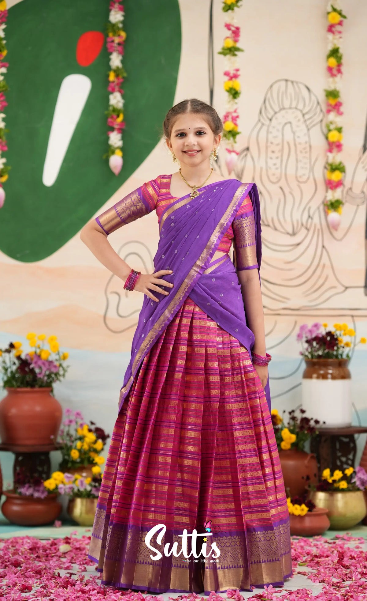 Organza Halfsaree - Dark Pink and Purple - Kids-Suttis