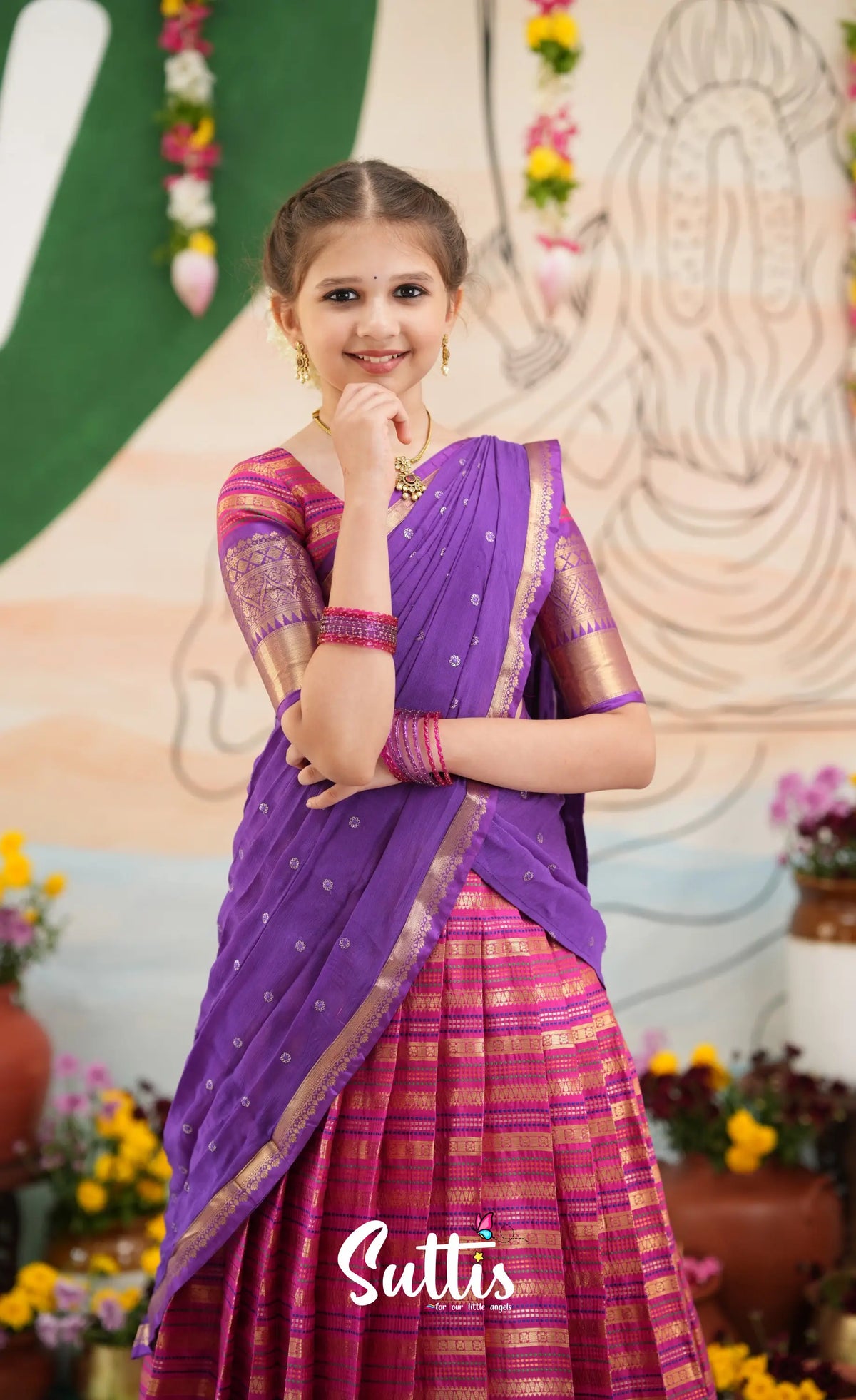 Organza Halfsaree - Dark Pink and Purple - Kids-Suttis