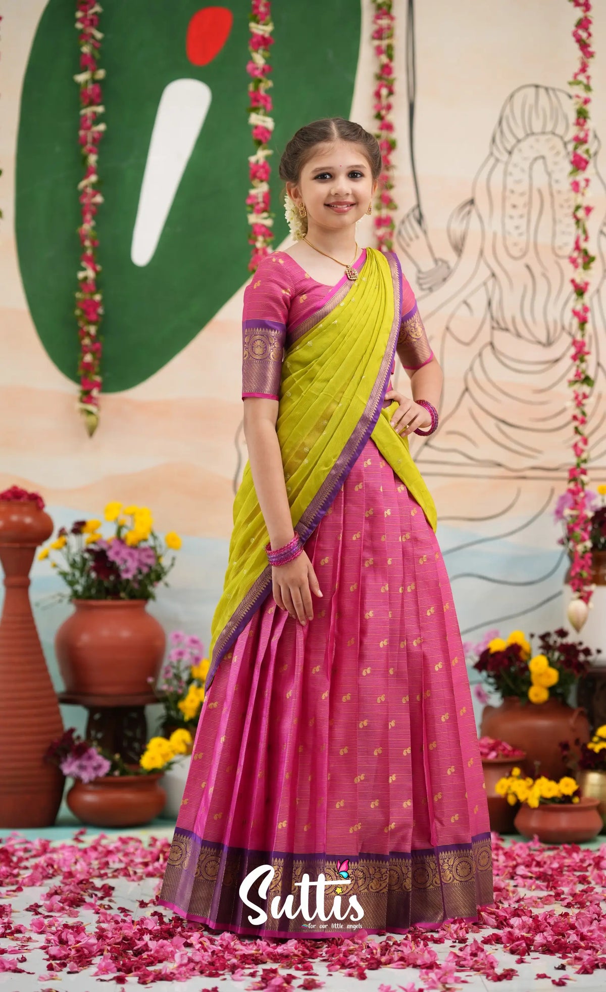 Organza Halfsaree - Deep pink and Yellowish green - Kids-Suttis