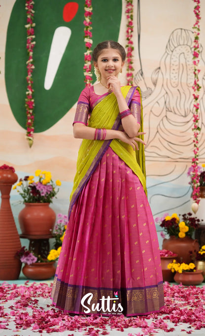 Organza Halfsaree - Deep pink and Yellowish green - Kids-Suttis