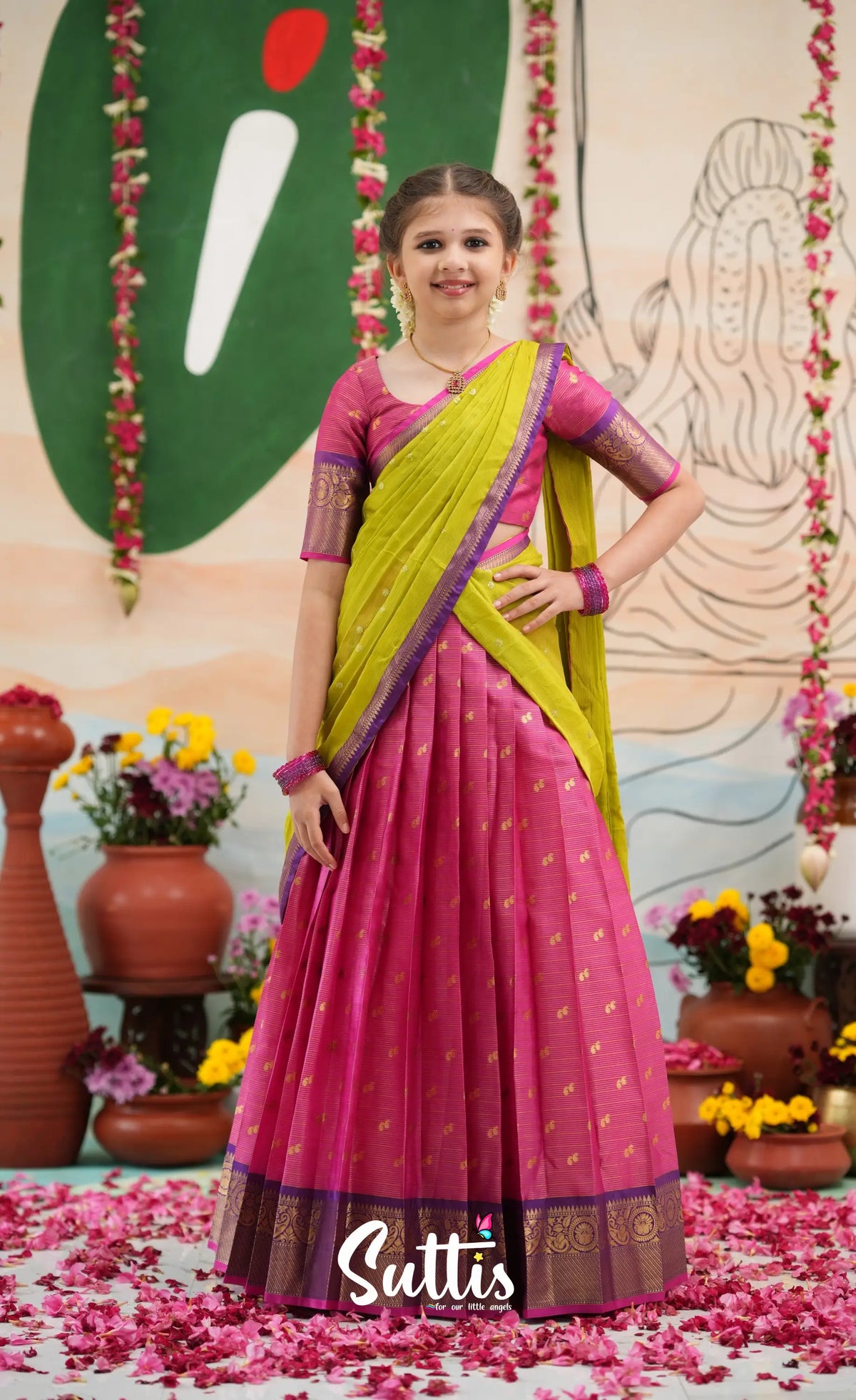 Organza Halfsaree - Deep pink and Yellowish green - Kids-Suttis