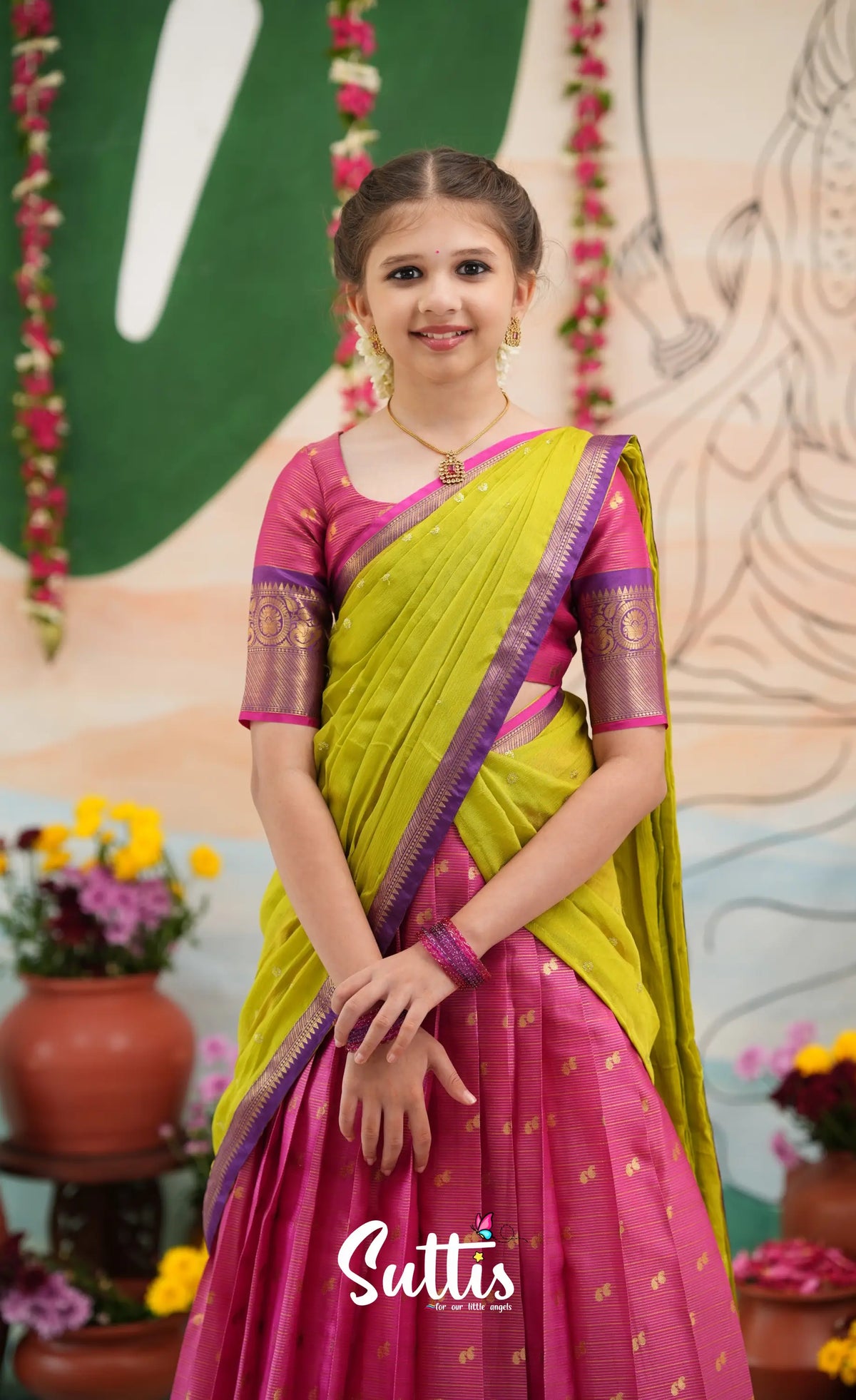 Organza Halfsaree - Deep pink and Yellowish green - Kids-Suttis