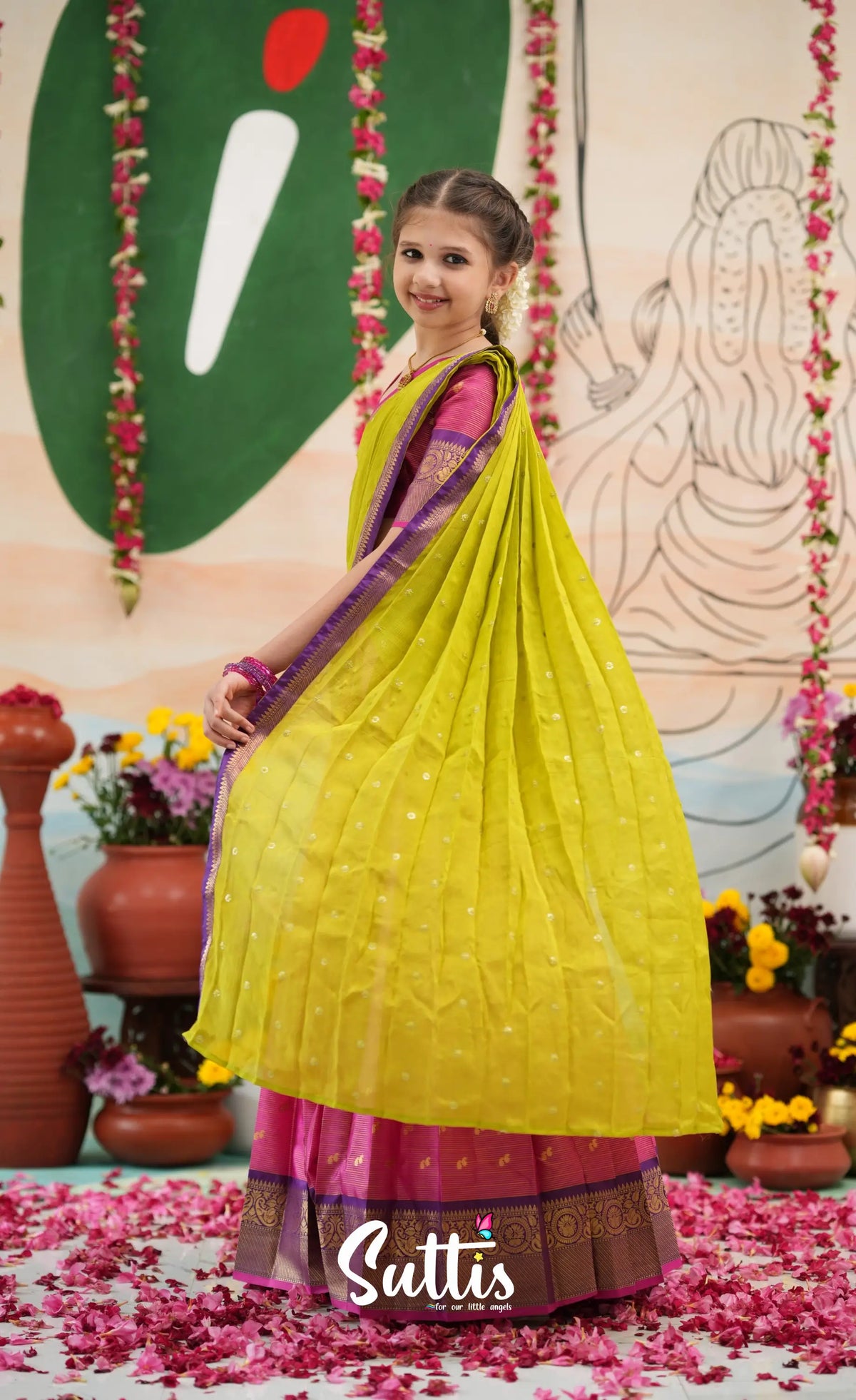Organza Halfsaree - Deep pink and Yellowish green - Kids-Suttis