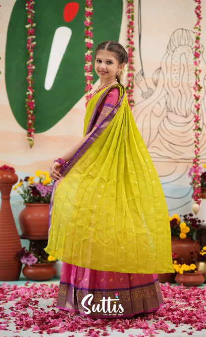 Organza Halfsaree - Deep pink and Yellowish green - Kids-Suttis