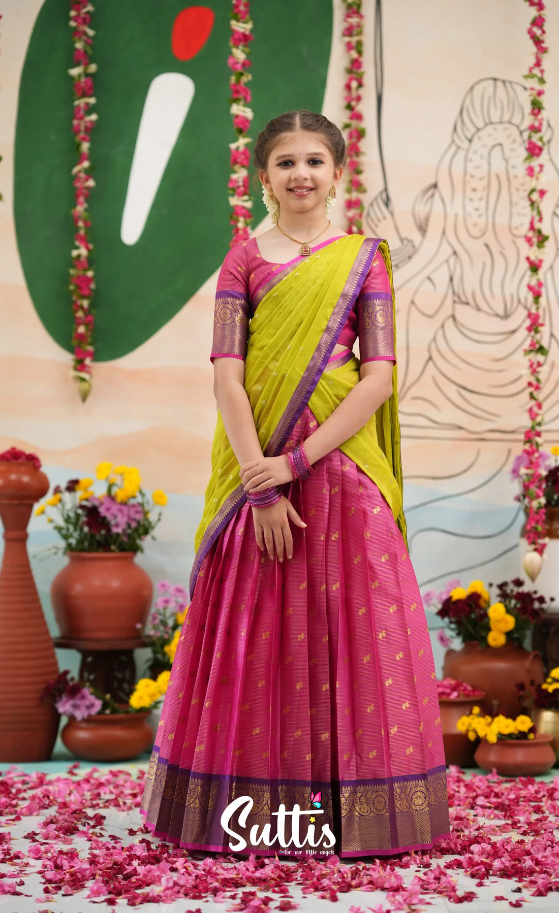 Organza Halfsaree - Deep pink and Yellowish green - Kids-Suttis